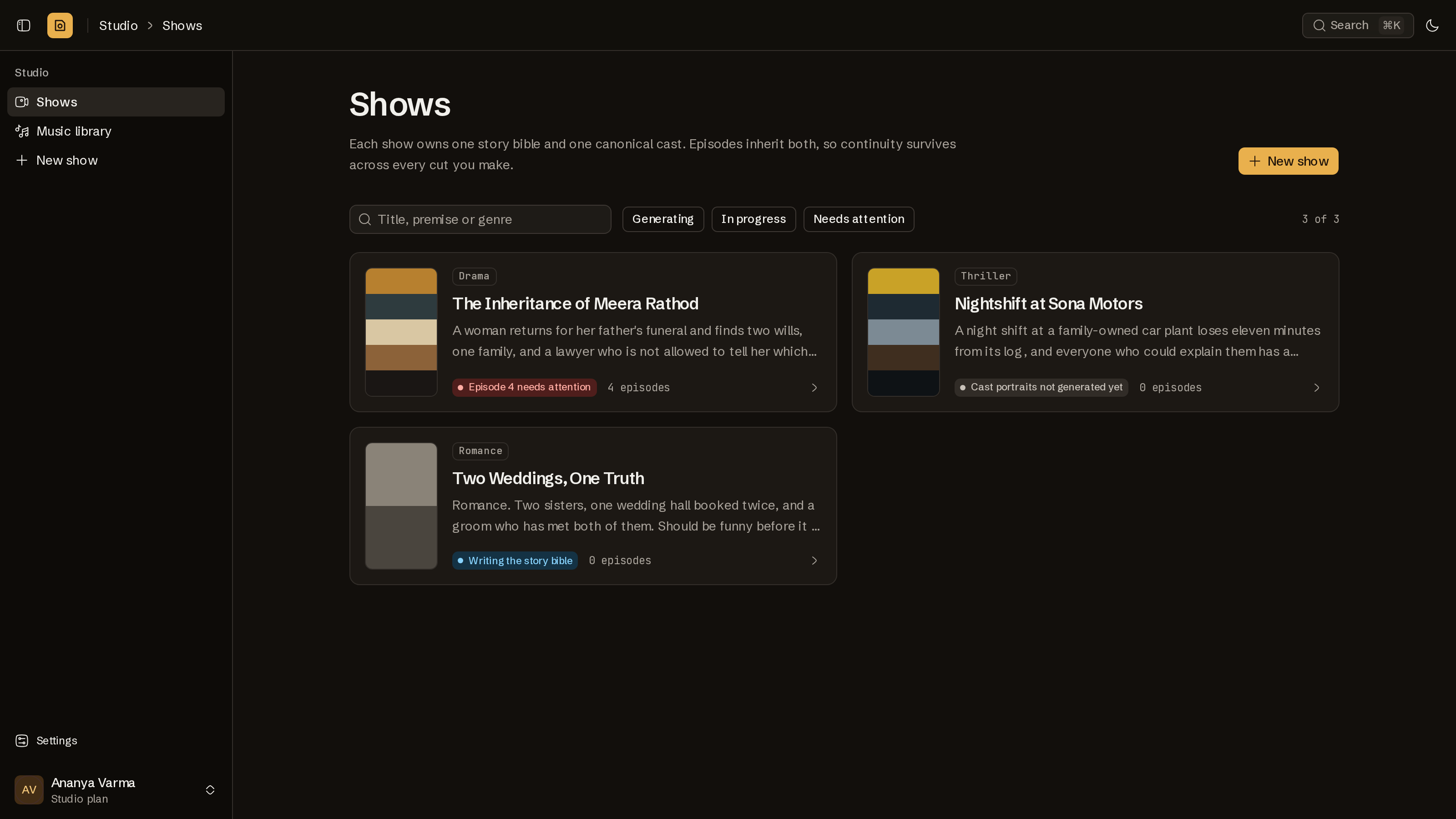 Director’s Cut show library with three seeded productions and pipeline states