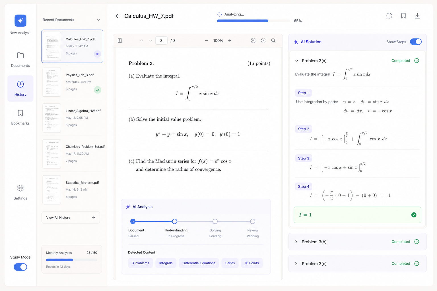 Homework document analysis workspace with AI-generated solution steps