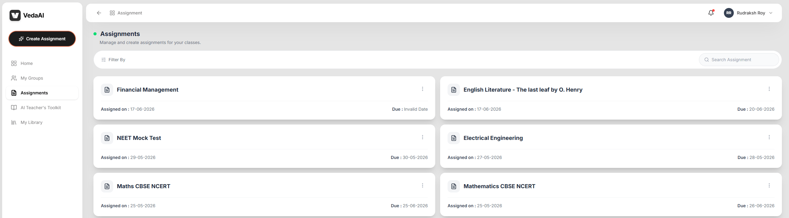 VedaAI assignment workspace with generated question-paper cards